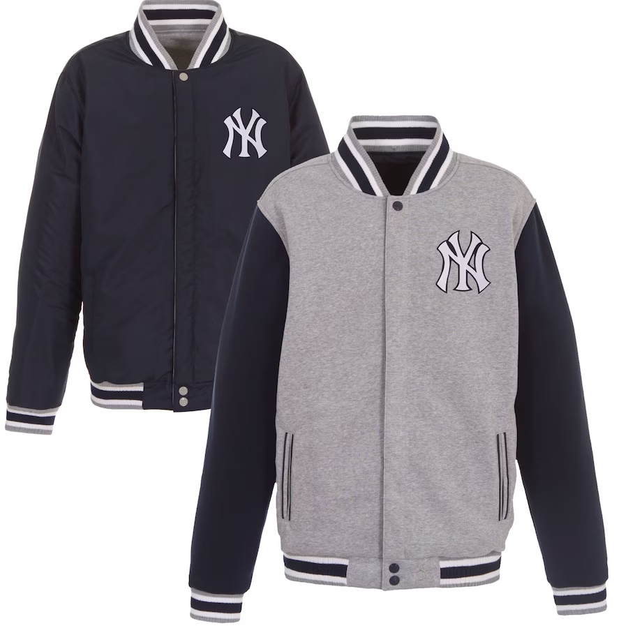 MLBW-034 NEW YORK YANKEES JH DESIGN GRAY EMBROIDERED REVERSIBLE FULL SNAP FLEECE JACKET《ネイビー》