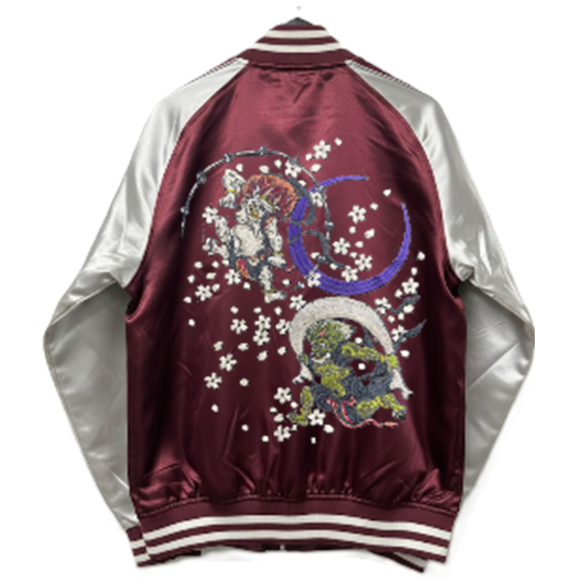 BRSL-004 サテン 月風雷神 スカジャン（中綿あり）《ワインレッド×シルバー》